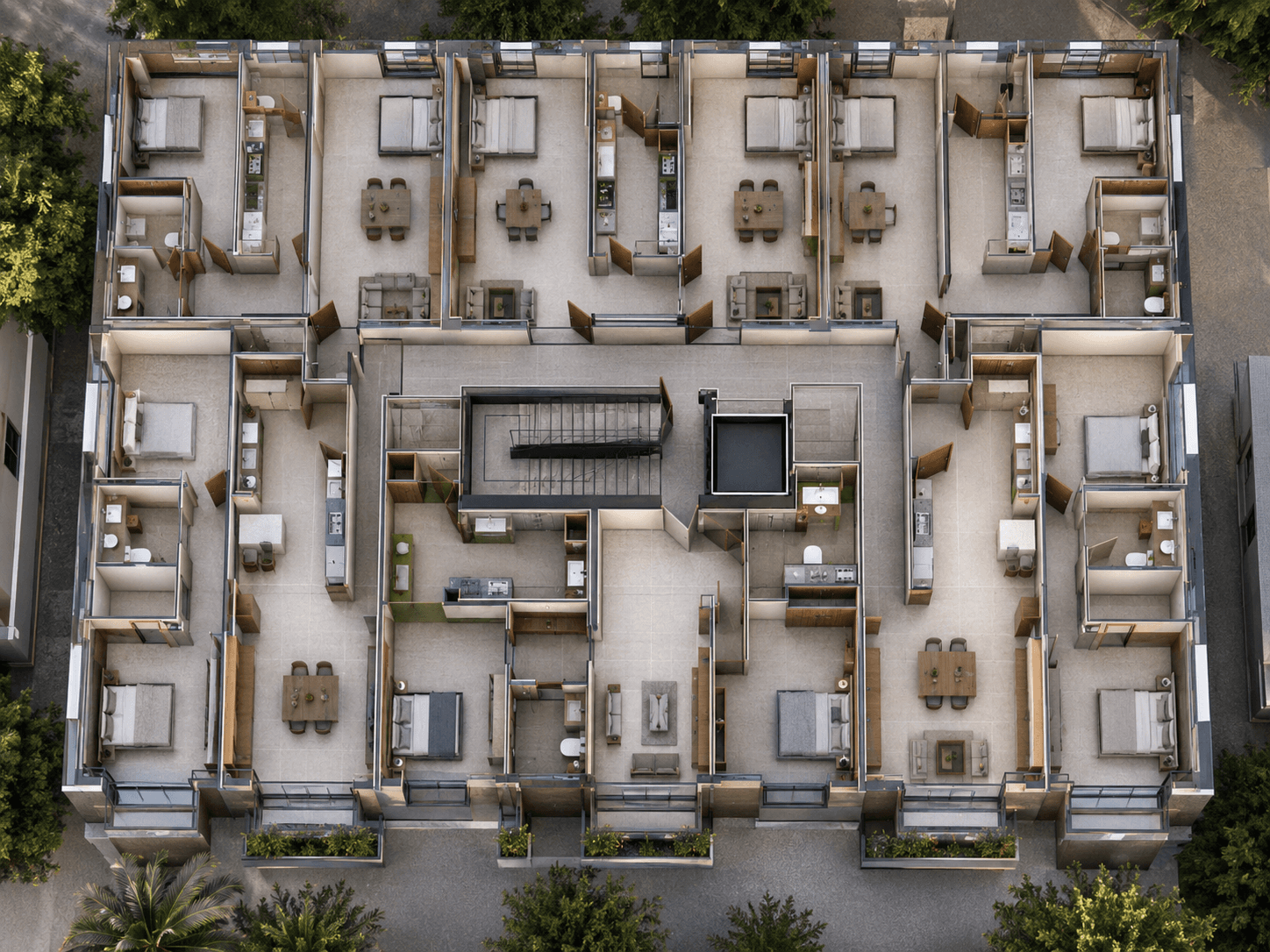 Typical floor plan, 6 apartments per floor